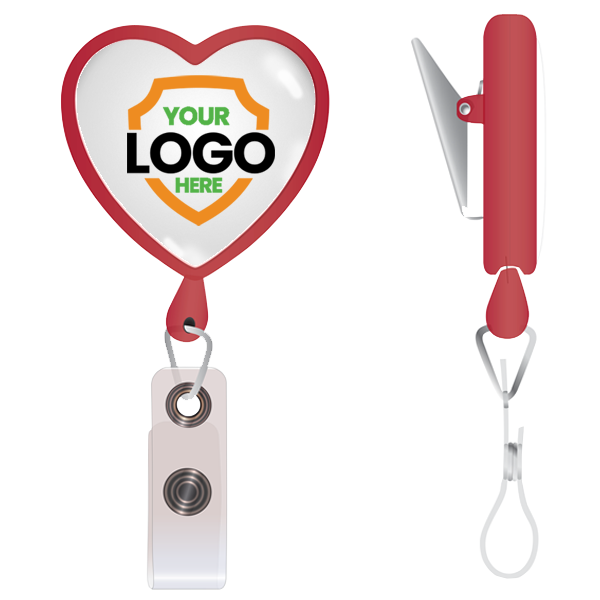 A Custom Heart Shaped Badge Reel With Rotating Spring Clip - Personalize with Your Logo is perfect for promoting brand awareness. It features a customizable placeholder for your logo in the center. The bottom part includes a retractable clip to effortlessly attach badges or IDs.