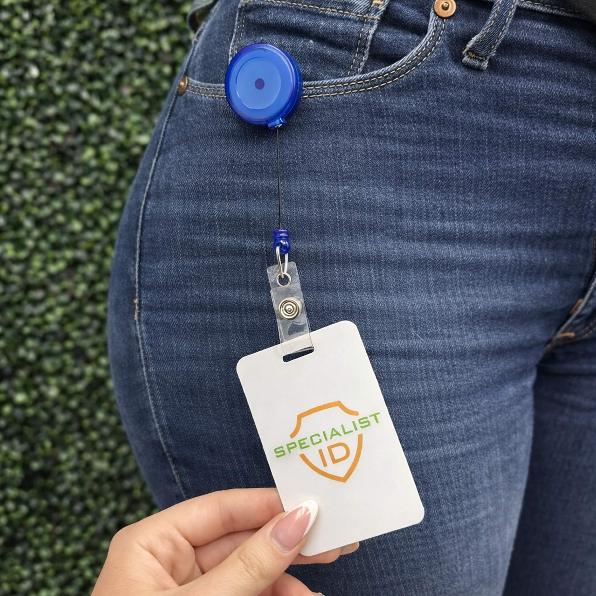 A person clips a Translucent Badge Reel with Swivel Clip (P/N 2120-762X) holding a "Specialist ID" card to their jeans waistband, with a green leafy background visible.