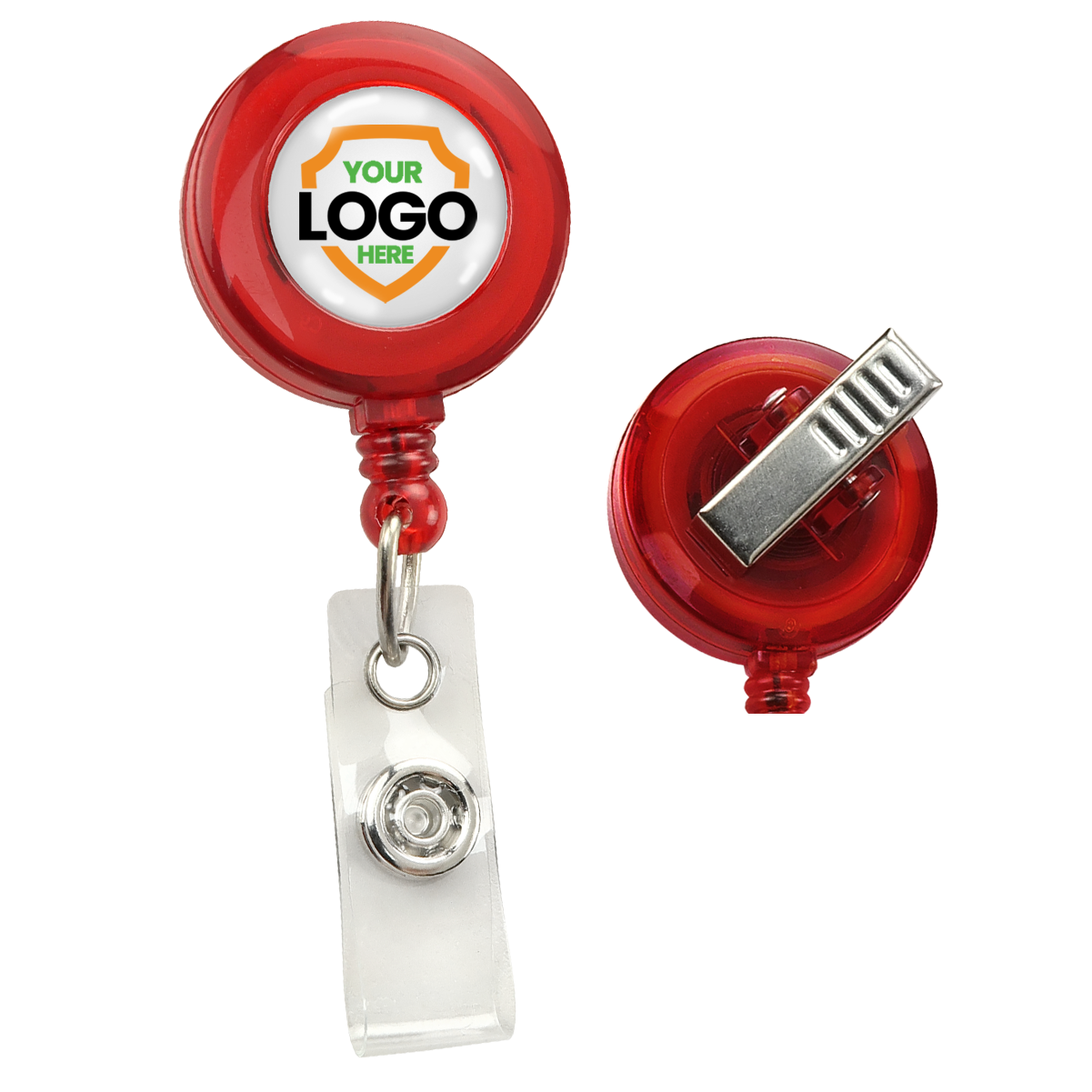 Translucent Custom Retractable Badge Reel With Spring Clip (2120-762X) - Add Your Logo with a customizable logo in the center. Features a metal clip on the back and a clear plastic strap for attaching an ID badge. Ideal for promotional staff, it enhances brand awareness. Shown from front and back views.