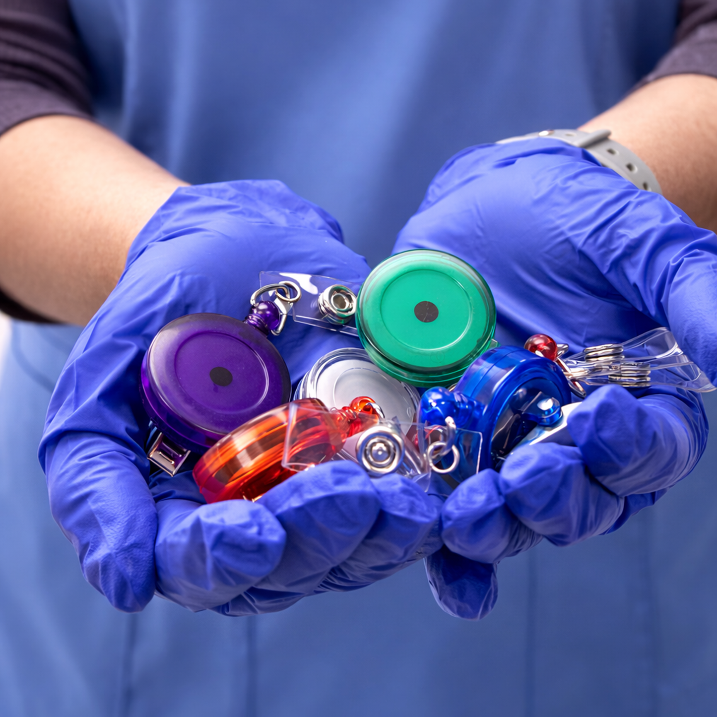 Person wearing blue gloves holding colorful translucent badge reels to show. Sold by Specialist ID.