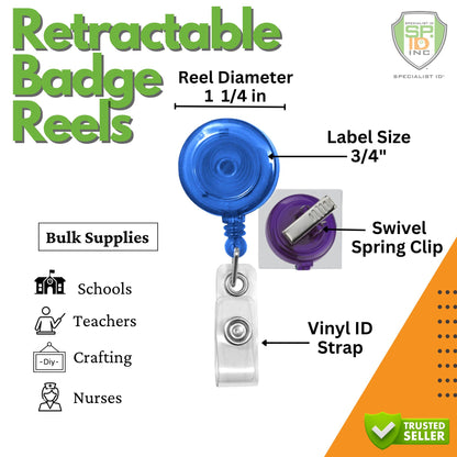 Translucent Badge Reel with Swivel Clip (P/N 2120-762X) with a 1 1/4 inch diameter and 3/4 inch label size. It features a swivel spring clip and vinyl ID strap. Suitable for bulk supplies in schools, crafting, nurses, and more.