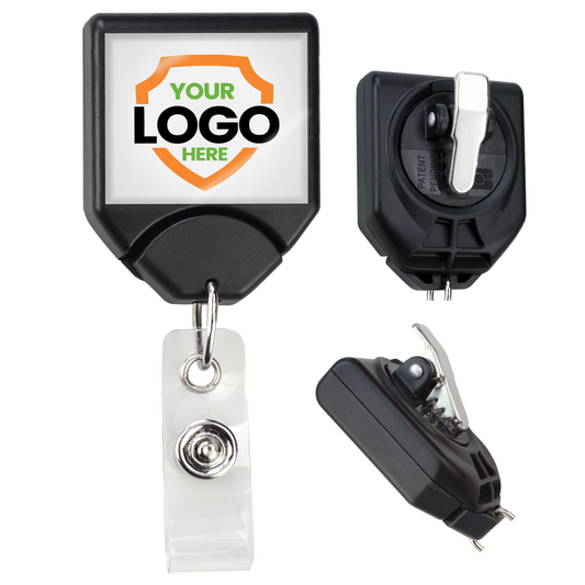 Image of a custom badge reel with a clear strap and metal clip, displaying a customizable logo area. This Custom Printed B-REEL Retractable Badge Reel with Saw-Toothed Swivel-clip is shown from three angles: front, back, and side—perfect to promote brand awareness effectively.