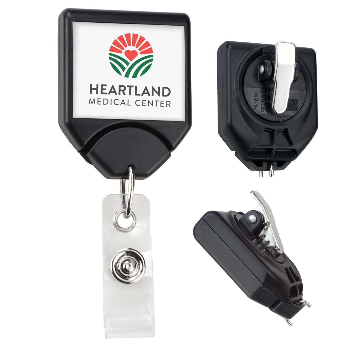 A Custom Printed B-REEL Retractable Badge Reel with Saw-Toothed Swivel-clip labeled "Heartland Medical Center" promotes brand awareness. The retractable holder is black with a rectangular face and metal clip. Three perspectives are shown: front, back, and side.