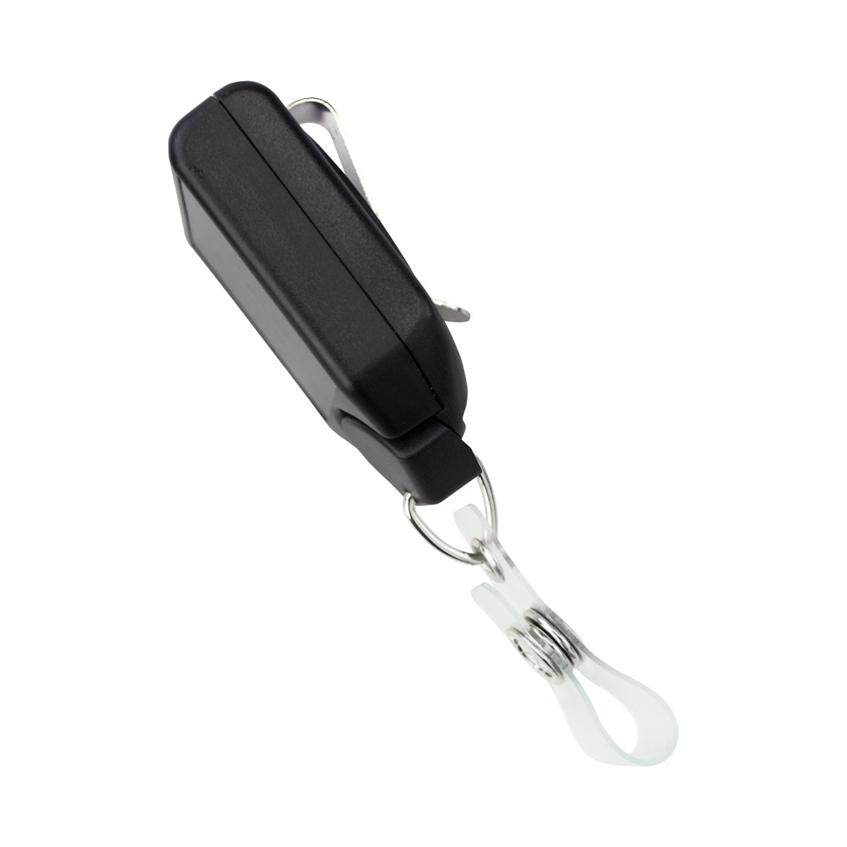A black Personalized B-REEL Retractable Badge Reel with Belt Clip - Upload Your Logo with a metal belt clip and a transparent plastic snap strap. Sold by Specialist ID.
