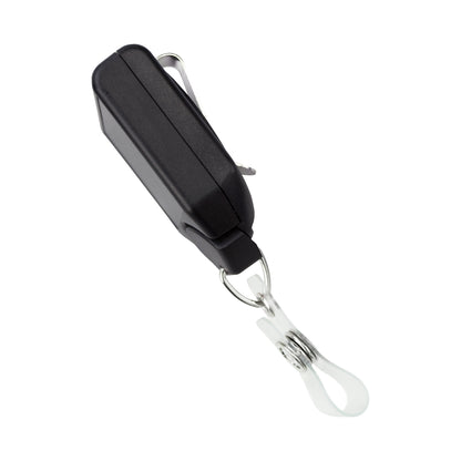 A black Personalized B-REEL Retractable Badge Reel with Belt Clip - Upload Your Logo with a metal belt clip and a transparent plastic snap strap. Sold by Specialist ID.