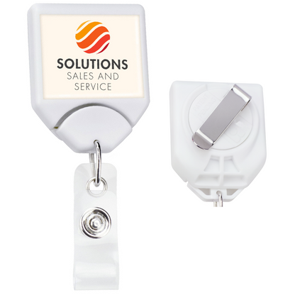 A close-up of a Personalized B-REEL Retractable Badge Reel with Belt Clip - Upload Your Logo, enhancing brand awareness with retractable B-Reels. Sold by Specialist ID.