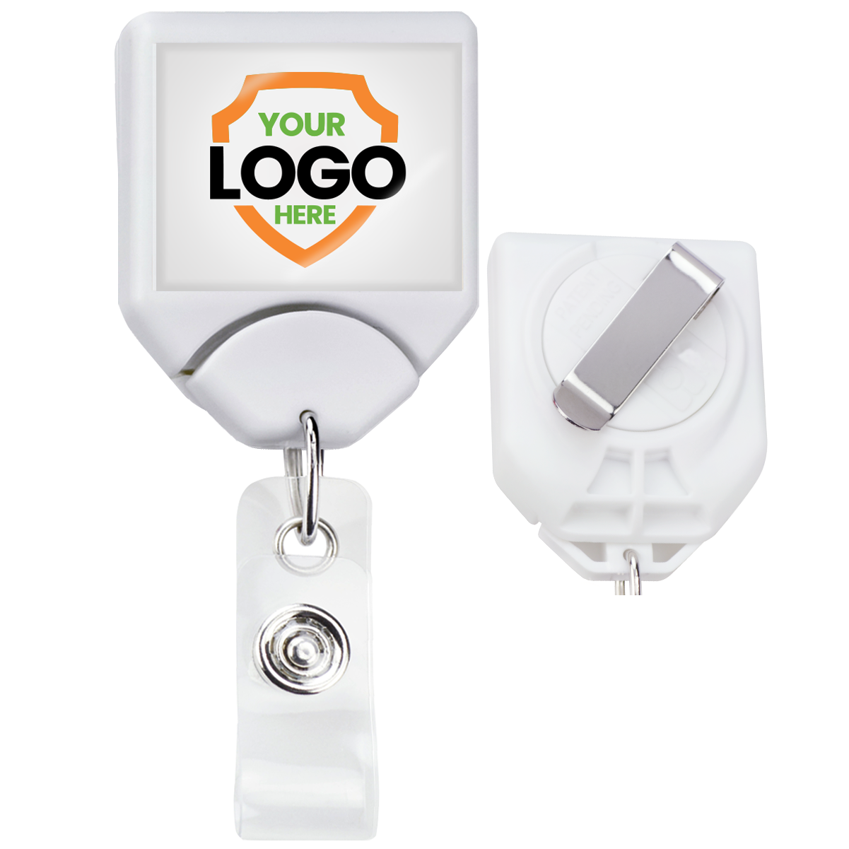 Front and back view of a white retractable badge holder with a clip, perfect for showcasing your logo. These Personalized B-REEL Retractable Badge Reel with Belt Clip - Upload Your Logo offer space for customization and are ideal for boosting brand awareness. Display the text "Your Logo Here" prominently on your retractable B-Reels.