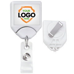Front and back view of a white retractable badge holder with a clip, perfect for showcasing your logo. These Personalized B-REEL Retractable Badge Reel with Belt Clip - Upload Your Logo offer space for customization and are ideal for boosting brand awareness. Display the text "Your Logo Here" prominently on your retractable B-Reels.