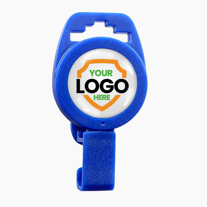 A blue plastic clip featuring a round button with placeholder text "Your Logo Here" inside an orange and green shield design, perfect for Custom Non-Magnetic Badge Reel with Plastic Clip - No Twist Design - Add Your Logo.