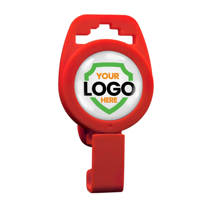 Red Custom Non-Magnetic Badge Reel with Plastic Clip - No Twist Design - Add Your Logo displaying a shield logo and the placeholder text "Your Logo Here" on a white background. Sold by Specialist ID.