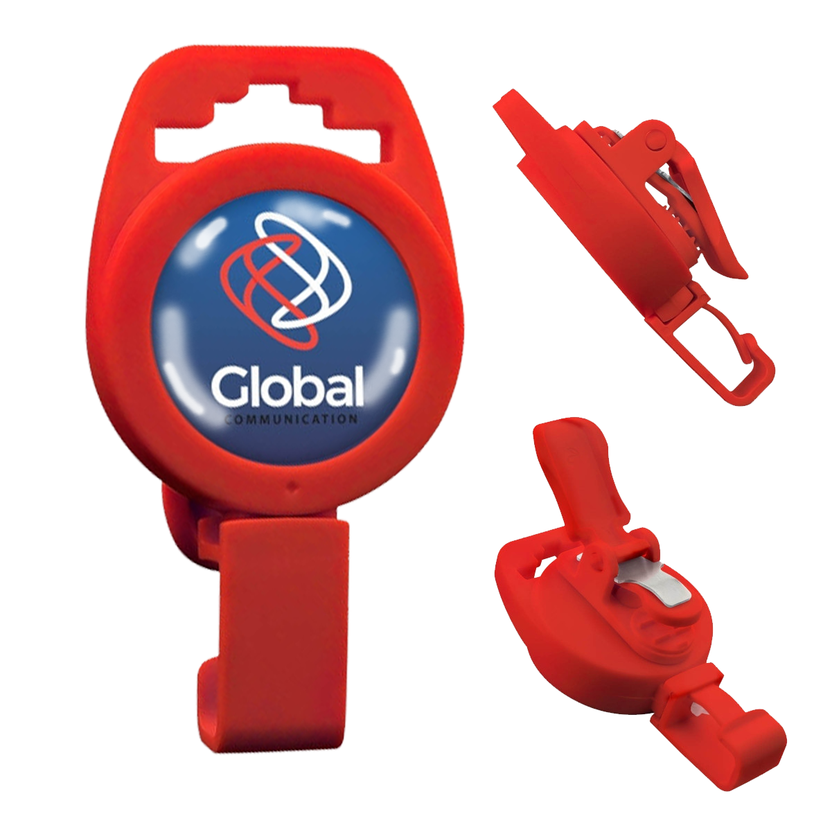 Custom Non-Magnetic Badge Reel with Plastic Clip - No Twist Design - Add Your Logo with a rotating front featuring the personalized logo "Global Communication." The reel can be attached to clothing and used for holding ID badges or small tools, providing convenience and style.