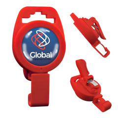 Custom Non-Magnetic Badge Reel with Plastic Clip - No Twist Design - Add Your Logo with a rotating front featuring the personalized logo "Global Communication." The reel can be attached to clothing and used for holding ID badges or small tools, providing convenience and style.
