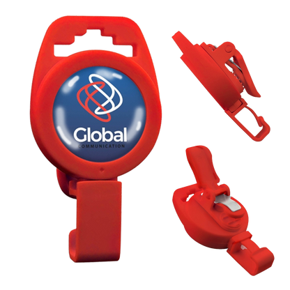 Custom Non-Magnetic Badge Reel with Plastic Clip - No Twist Design - Add Your Logo with a rotating front featuring the personalized logo "Global Communication." The reel can be attached to clothing and used for holding ID badges or small tools, providing convenience and style.