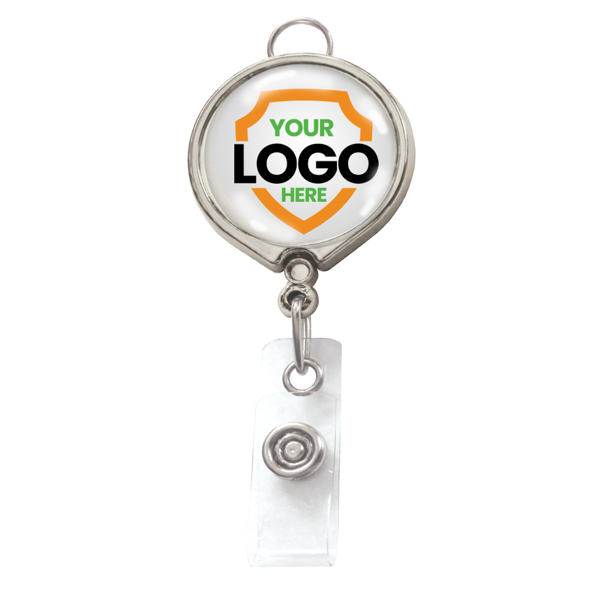 chrome badge reel with lanyard attachment and your logo
