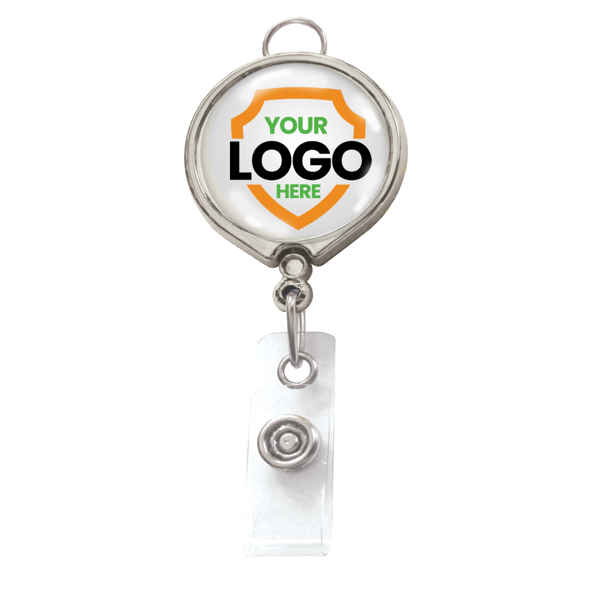 A **Custom Badge Reel with Belt Clip and Lanyard Attachment - Add Your Logo** with a circular top featuring a personalized graphic that showcases a customizable "Your Logo Here" design in green and orange, perfect for boosting brand awareness. These custom badge reels are both functional and eye-catching.