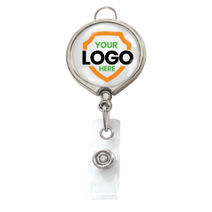 A **Custom Badge Reel with Belt Clip and Lanyard Attachment - Add Your Logo** with a circular top featuring a personalized graphic that showcases a customizable "Your Logo Here" design in green and orange, perfect for boosting brand awareness. These custom badge reels are both functional and eye-catching.