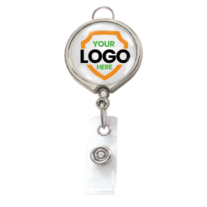 A **Custom Badge Reel with Belt Clip and Lanyard Attachment - Add Your Logo** with a circular top featuring a personalized graphic that showcases a customizable "Your Logo Here" design in green and orange, perfect for boosting brand awareness. These custom badge reels are both functional and eye-catching.