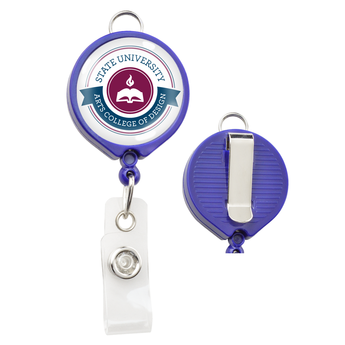 A Custom Badge Reel with Belt Clip and Lanyard Attachment - Add Your Logo, featuring the logo of State University Arts College of Design with a personalized graphic of a stylized book inside a circle, enhancing brand awareness.