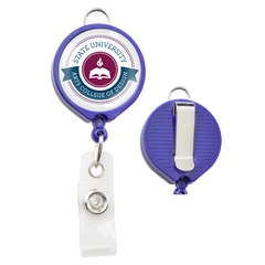 A Custom Badge Reel with Belt Clip and Lanyard Attachment - Add Your Logo, featuring the logo of State University Arts College of Design with a personalized graphic of a stylized book inside a circle, enhancing brand awareness.