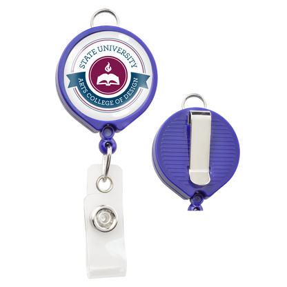 A Custom Badge Reel with Belt Clip and Lanyard Attachment - Add Your Logo, featuring the logo of State University Arts College of Design with a personalized graphic of a stylized book inside a circle, enhancing brand awareness.