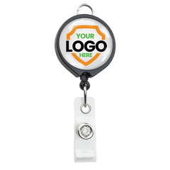 A Custom Badge Reel with Belt Clip and Lanyard Attachment - Add Your Logo, featuring a shield emblem and the text "YOUR LOGO HERE" in the center. Perfect for custom badge reels, it enhances brand awareness with its personalized graphic.