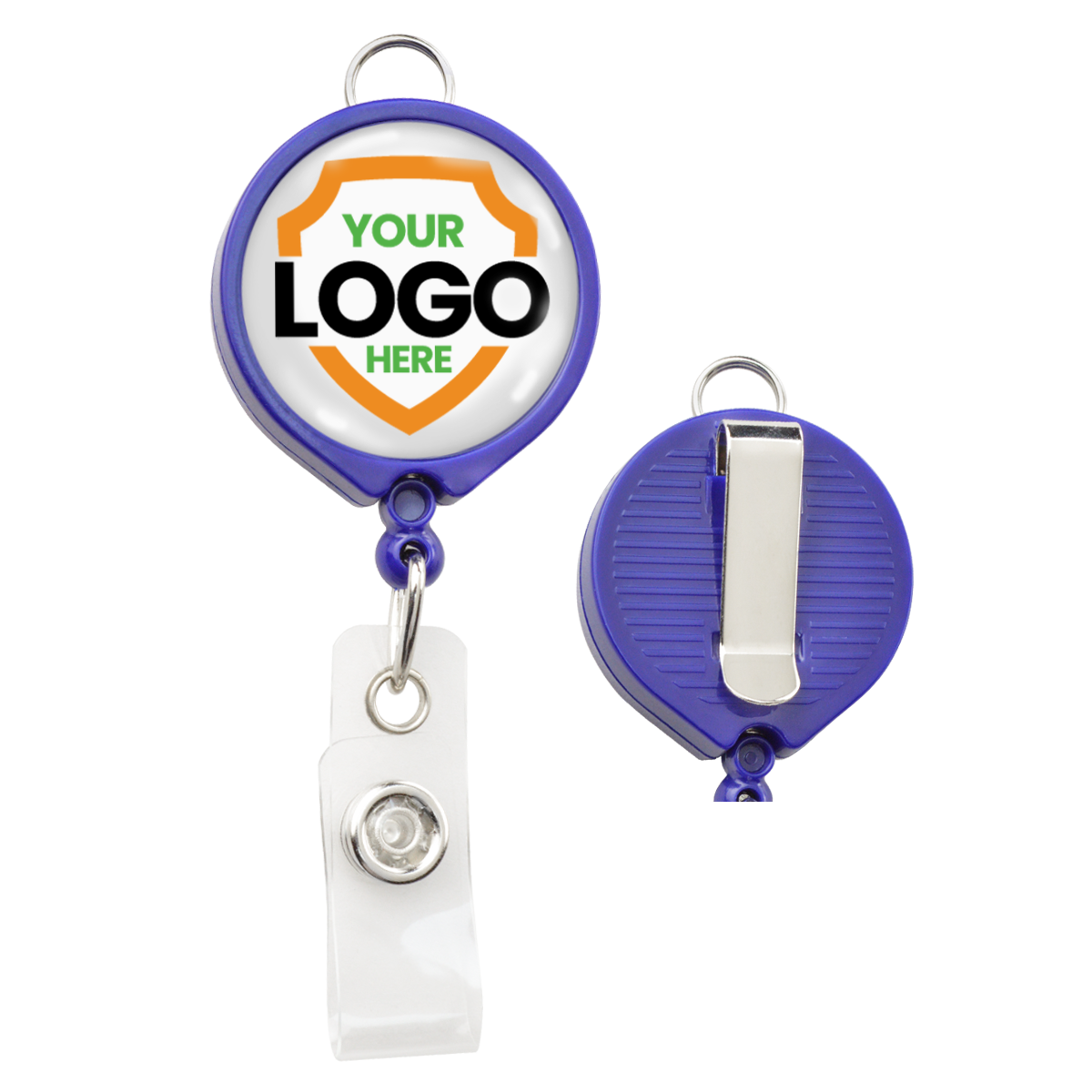 A Custom Badge Reel with Belt Clip and Lanyard Attachment - Add Your Logo, round and blue with a transparent strap and metal clip, showcasing a customizable logo area on the front for brand awareness, and a belt clip on the back.