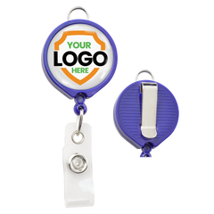 A Custom Badge Reel with Belt Clip and Lanyard Attachment - Add Your Logo, round and blue with a transparent strap and metal clip, showcasing a customizable logo area on the front for brand awareness, and a belt clip on the back.