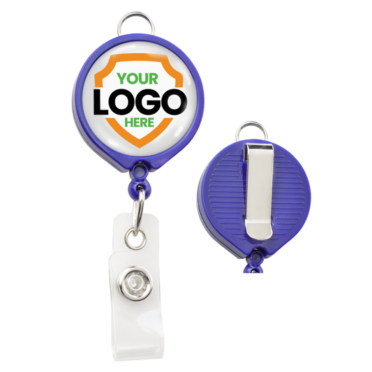 A Custom Badge Reel with Belt Clip and Lanyard Attachment - Add Your Logo, round and blue with a transparent strap and metal clip, showcasing a customizable logo area on the front for brand awareness, and a belt clip on the back.