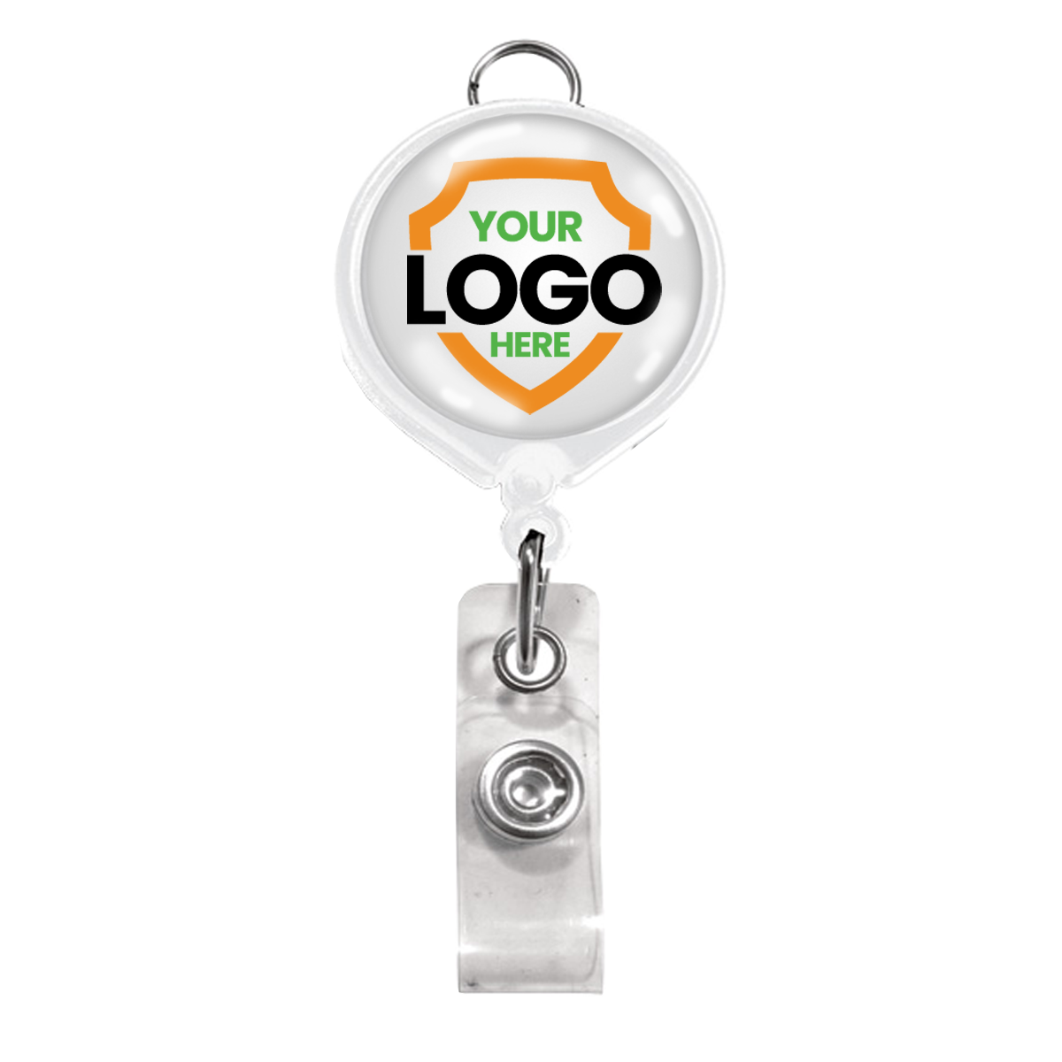 white badge reel with lanyard attachment and your logo