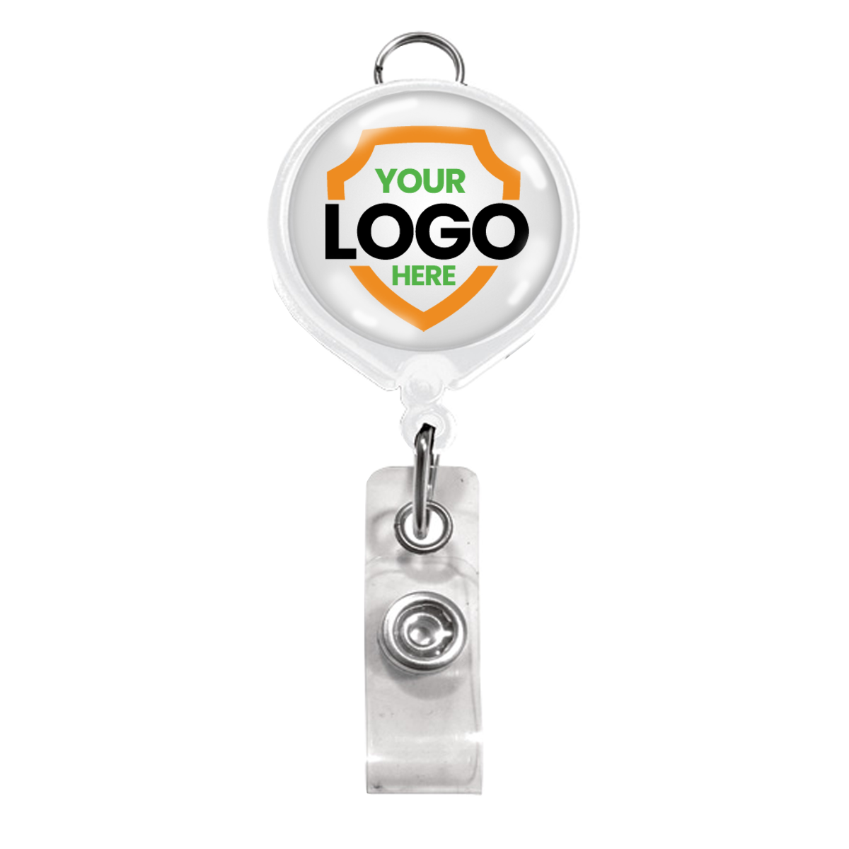 White badge reel with a metal clip and a circular area for a customizable logo within an orange shield shape, accompanied by a clear plastic strap. Ideal for brand awareness, the Custom Badge Reel with Belt Clip and Lanyard Attachment - Add Your Logo can feature your personalized graphic to make your brand stand out.