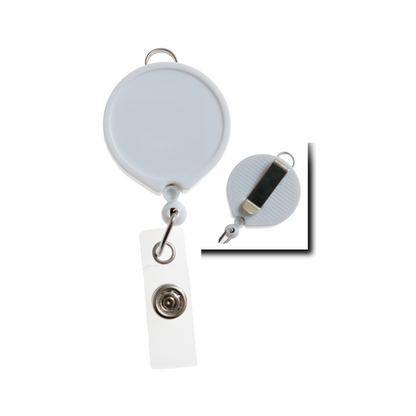 The Badge Reel with Lanyard Attachment and Belt Clip (P/N 2124-302X) is designed in white and includes a practical belt clip alongside a secure snap button for attaching ID cards. Sold by Specialist ID.