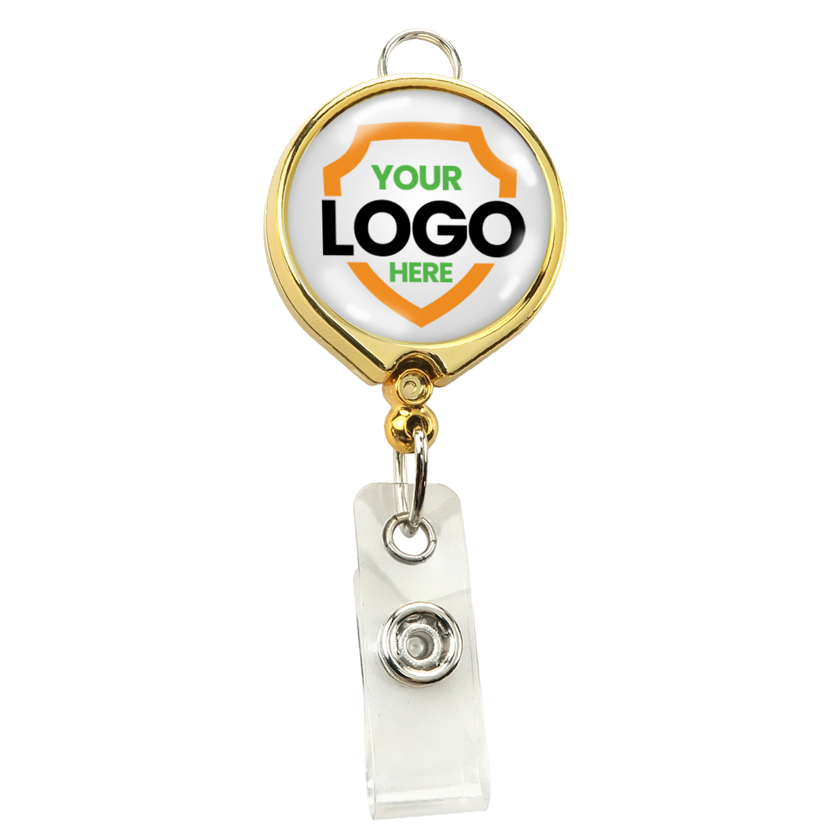 gold badge reel with lanyard attachment and your logo