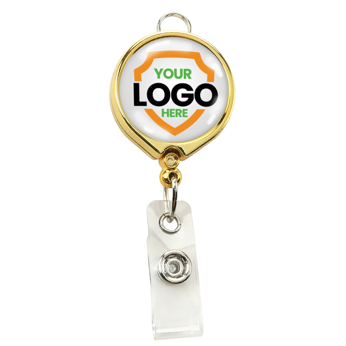 A Custom Badge Reel with Belt Clip and Lanyard Attachment - Add Your Logo, perfect for enhancing brand awareness, with a gold-colored clip and a customizable area showcasing a shield outline with the text "YOUR LOGO HERE" in the center.