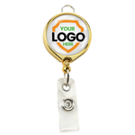 gold badge reel with lanyard attachment and your logo