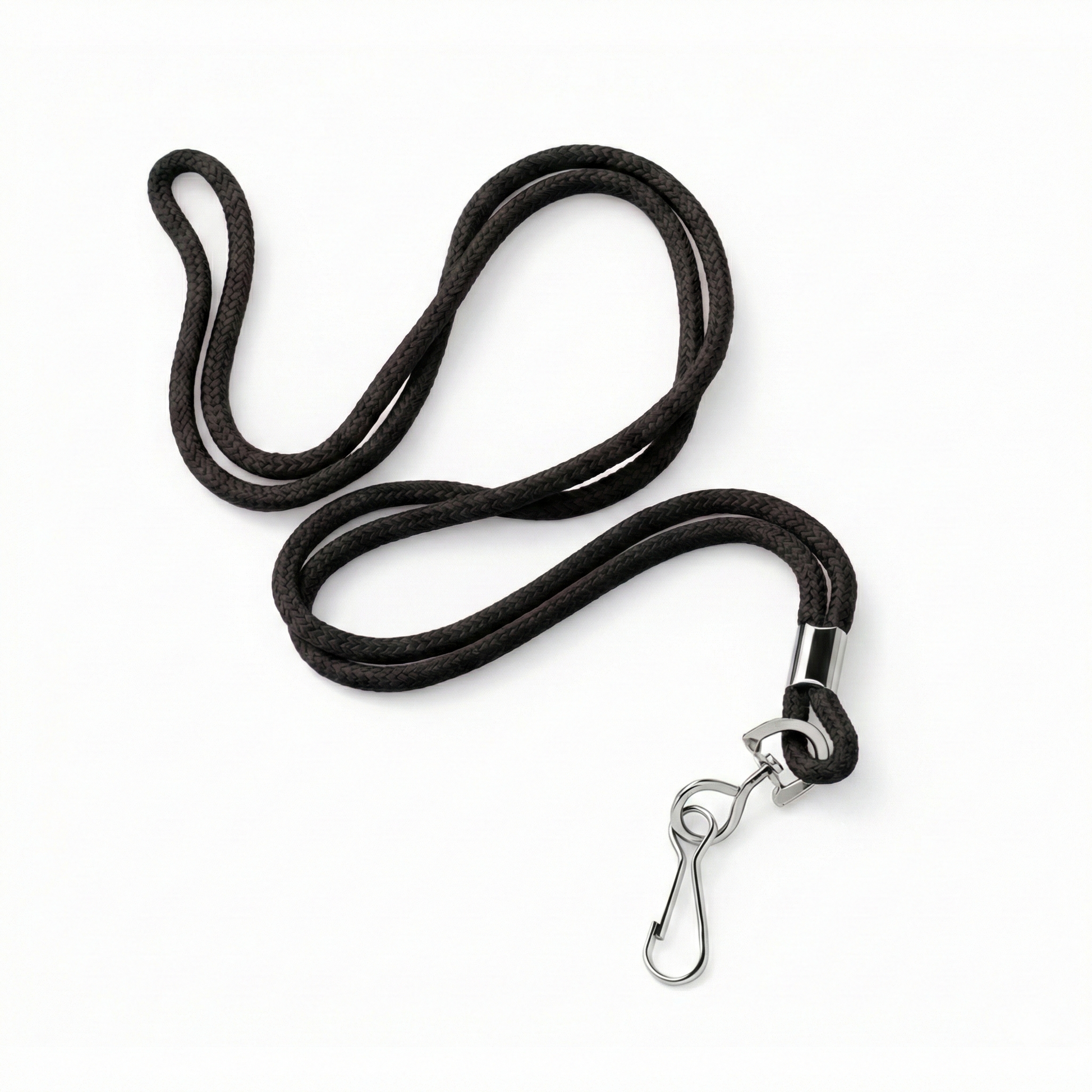 The Standard Non-Breakaway Round Lanyard with a Metal Swivel Hook (2135-300X) is black and coiled on a white background—ideal for keeping your ID badge holder secure. Sold by Specialist ID.