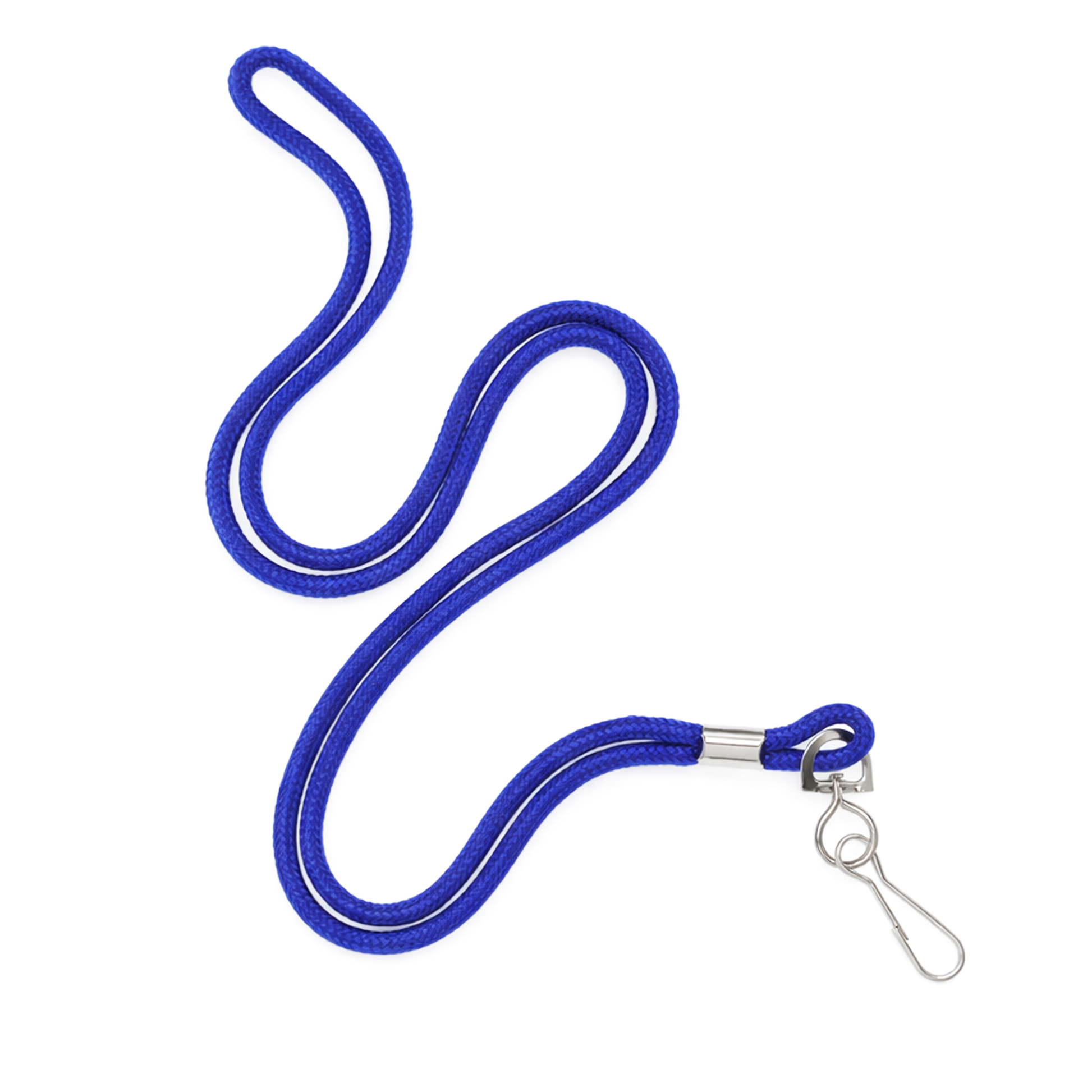 A Round Braided Non-Breakaway Lanyard with Metal Swivel Hook (2135-300X) in blue is coiled on a white background.