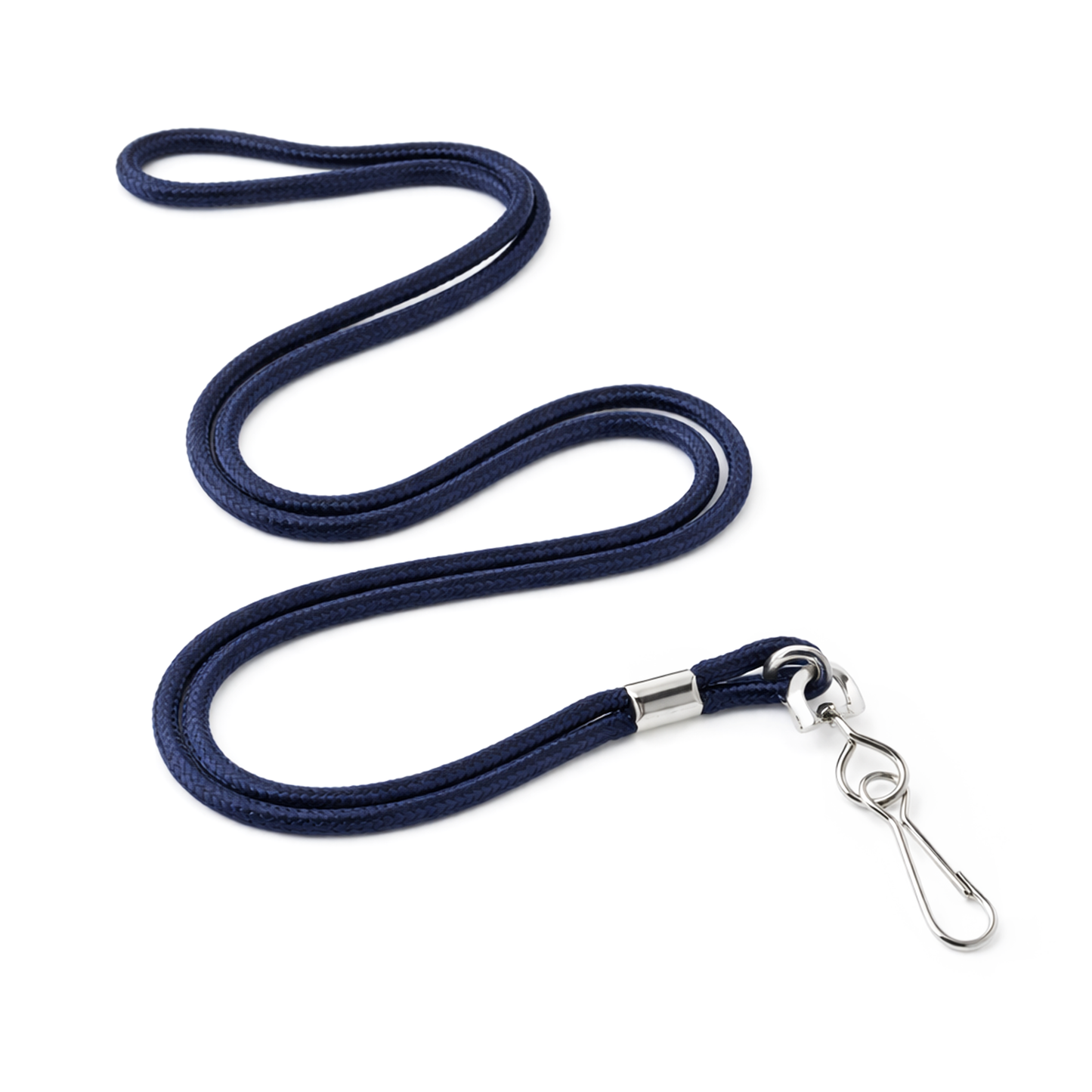 A Round Braided Non-Breakaway Lanyard with Metal Swivel Hook (2135-300X) in navy blue is arranged in an S-shape on a white background.