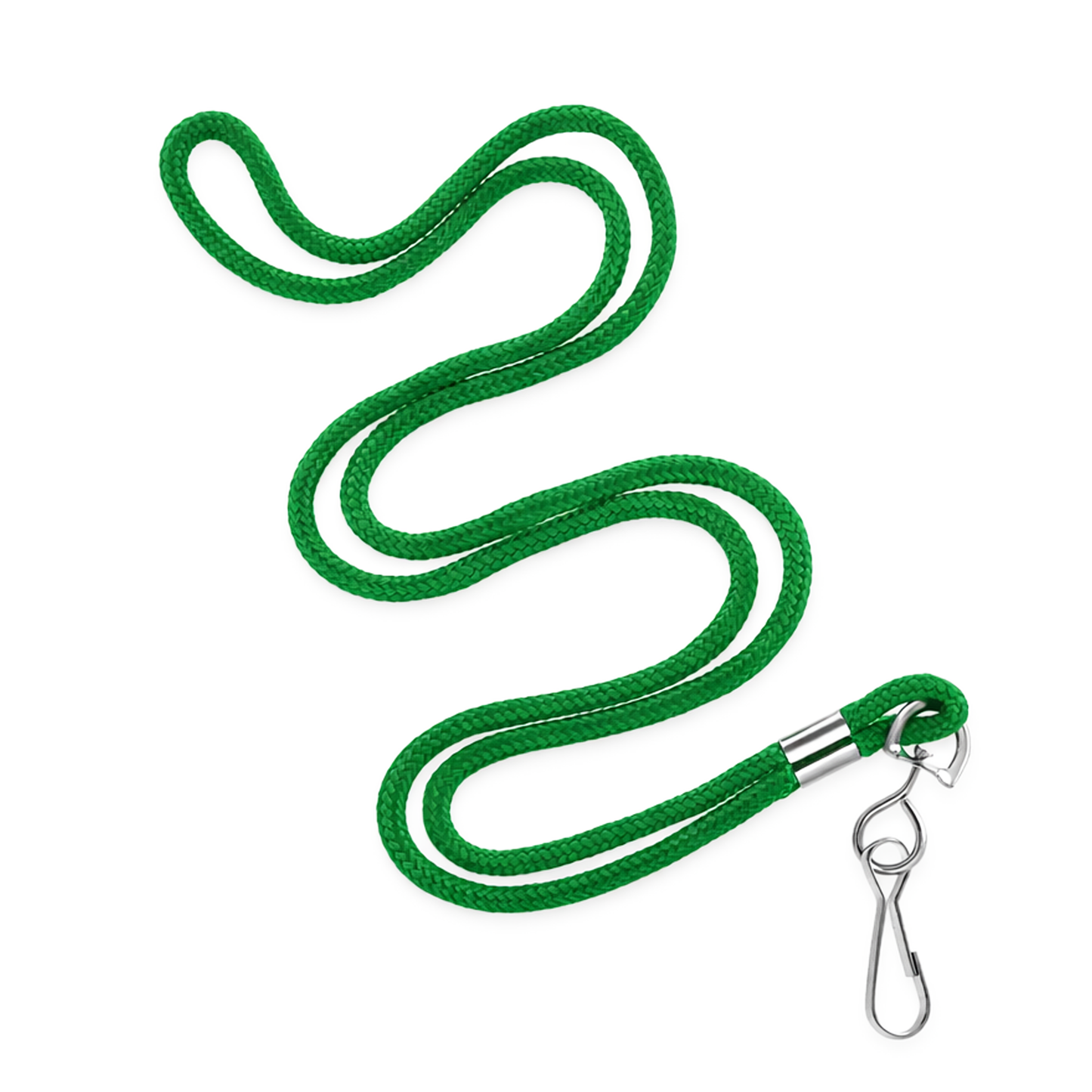 A Round Braided Non-Breakaway Lanyard with Metal Swivel Hook (2135-300X) in green is displayed on a white background, ideal for securely holding an ID badge.