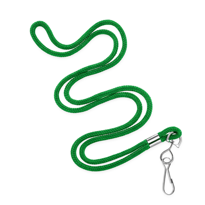 A Round Braided Non-Breakaway Lanyard with Metal Swivel Hook (2135-300X) in green is displayed on a white background, ideal for securely holding an ID badge.