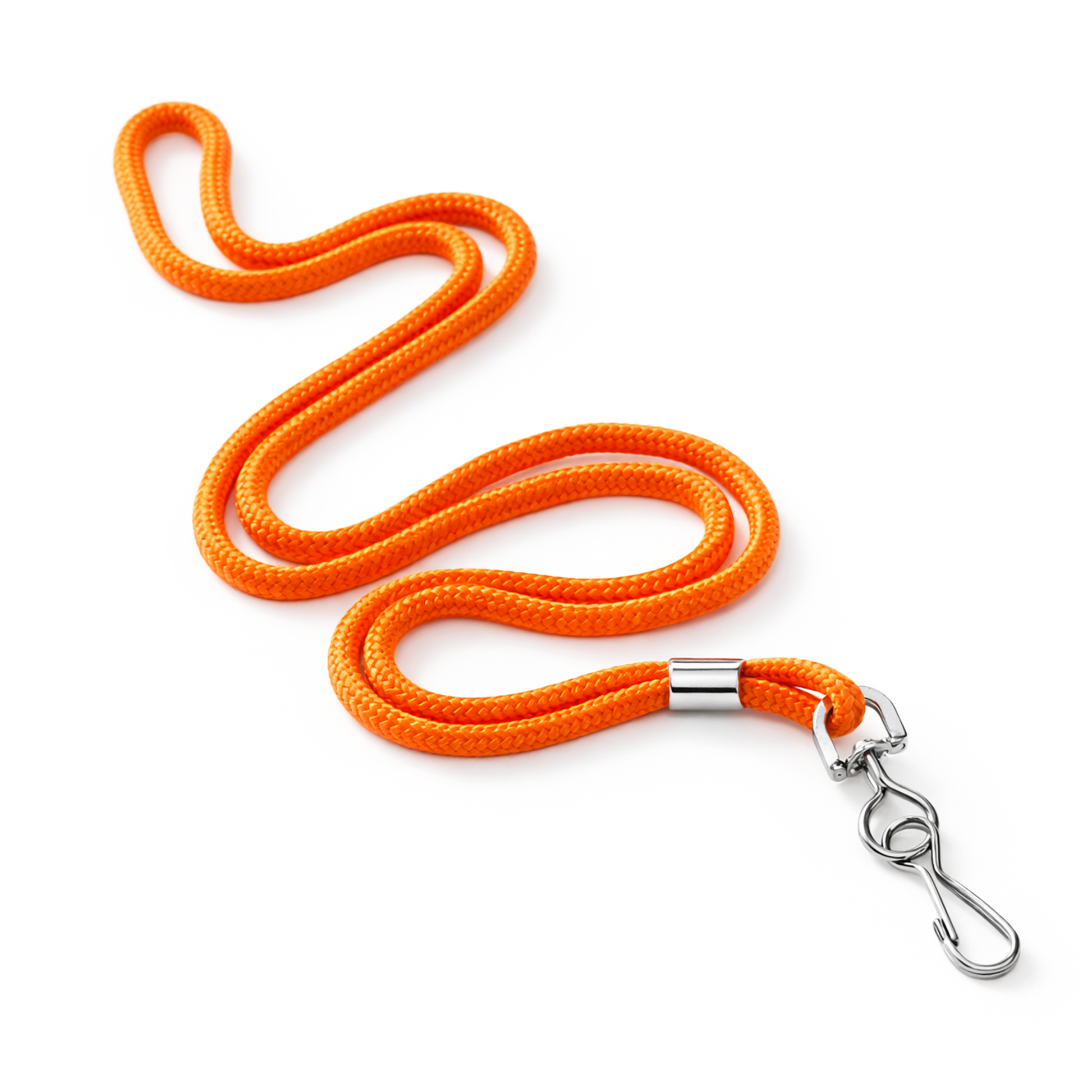 Round Braided Non-Breakaway Lanyard with Metal Swivel Hook (2135-300X) in bright orange, featuring a silver metal swivel hook and displayed coiled in an S-shape on a white background. This lanyard offers durable construction and vibrant style for everyday use.