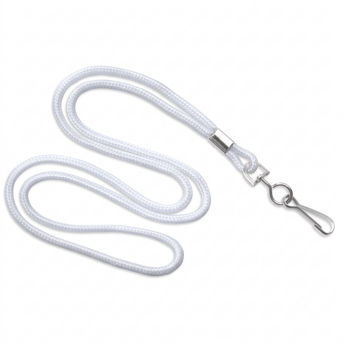 A white Round Braided Non-Breakaway Lanyard (2135-300X) featuring a coiled design and a sturdy metal swivel hook at one end, commonly used for attaching to pet collars.