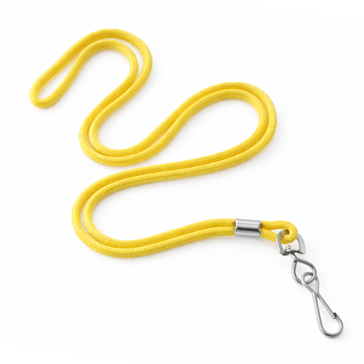 A Round Braided Non-Breakaway Lanyard with Metal Swivel Hook (2135-300X) in yellow is coiled in an S-shape on a white background.