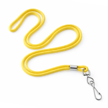A Round Braided Non-Breakaway Lanyard with Metal Swivel Hook (2135-300X) in yellow is coiled in an S-shape on a white background.