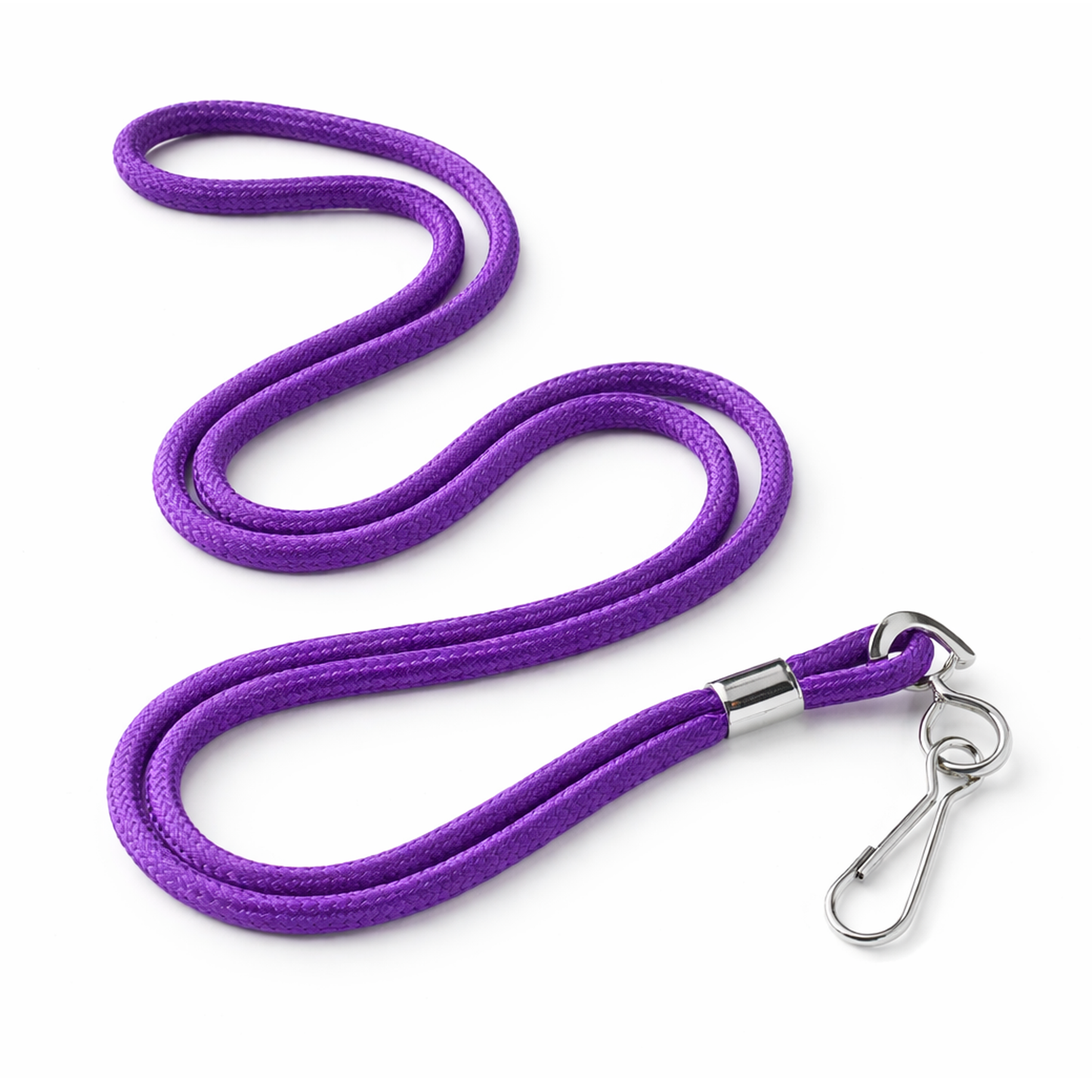 A round braided non-breakaway lanyard with a metal swivel hook (2135-300X) in purple, coiled and displayed on a white background.