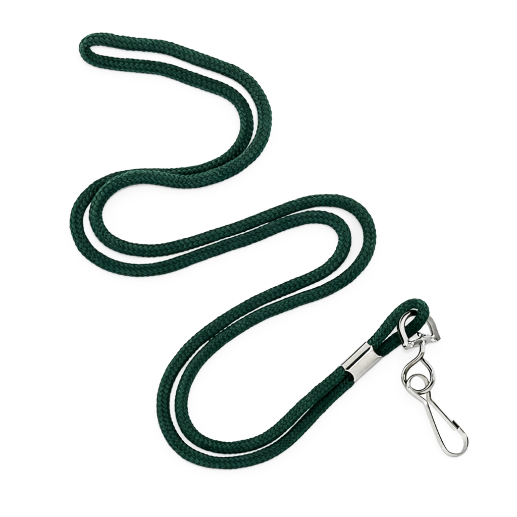 A Round Braided Non-Breakaway Lanyard with Metal Swivel Hook (2135-300X) in dark green is coiled on a white background.