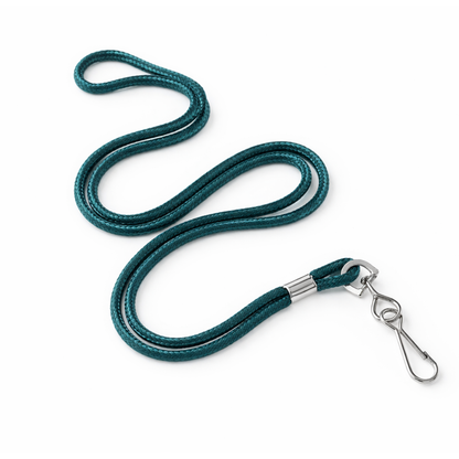 A Round Braided Non-Breakaway Lanyard with Metal Swivel Hook (2135-300X) in teal, featuring a silver metal swivel hook, is displayed on a white background.