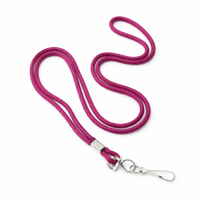 A Round Braided Non-Breakaway Lanyard with Metal Swivel Hook (2135-300X) in pink is coiled on a white background.