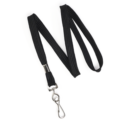 Premium Economy Lanyards with Swivel Hook - 3/8″ flat width non-breakaway badge lanyard (2135-350X) in black, featuring a silver metal swivel hook at one end, laid flat on a white background.