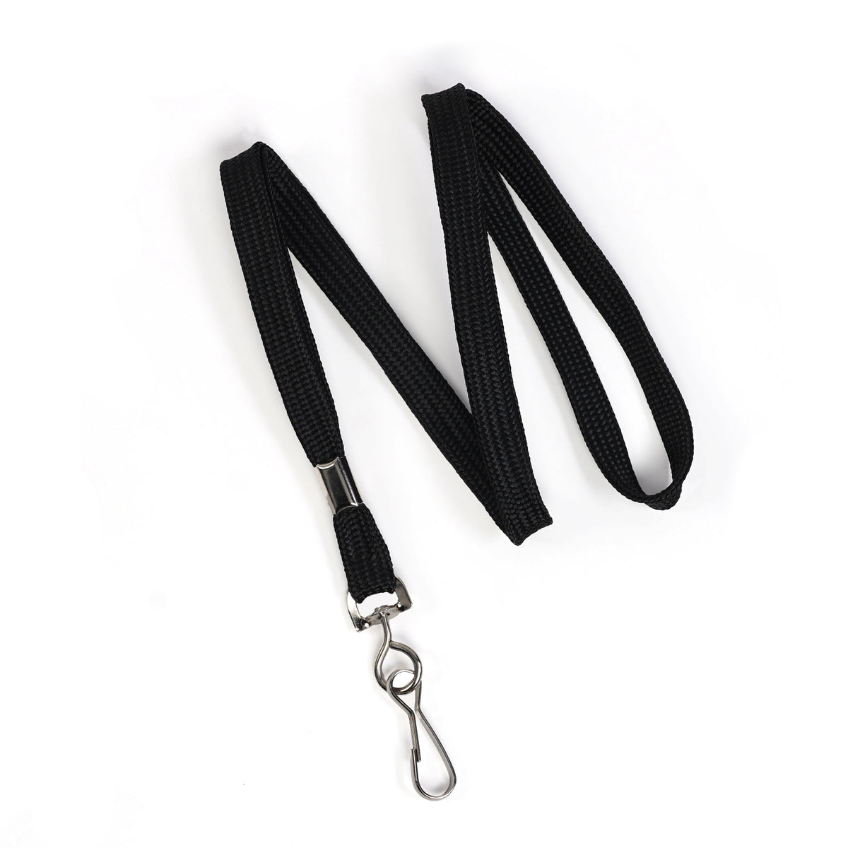 A Premium Economy Lanyard with a silver swivel hook, made from 3/8″ flat black woven braid and displayed against a white background.