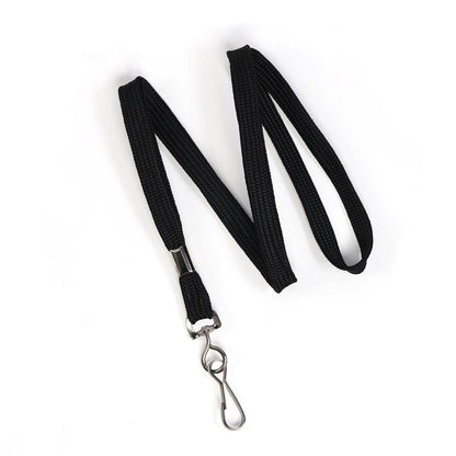 A Premium Economy Lanyard with a silver swivel hook, made from 3/8″ flat black woven braid and displayed against a white background.